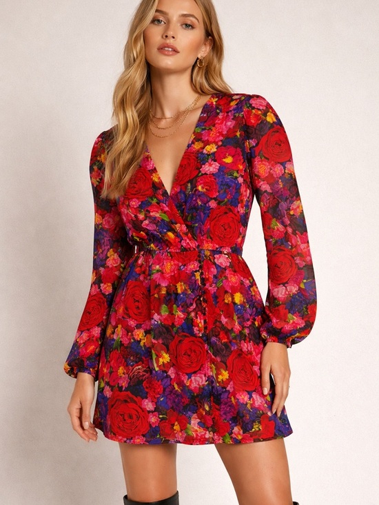 The Kooples Dresses & Skirts - The Kooples Red Floral V-Neck Long Sleeve Mini Dress